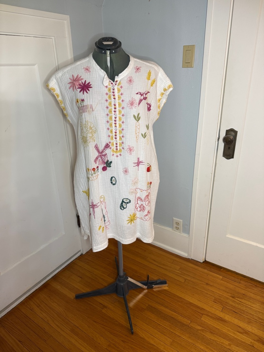 Johnny Was White Cotton Embroidered Tunic Dress Mishti Cartegena Generous Large